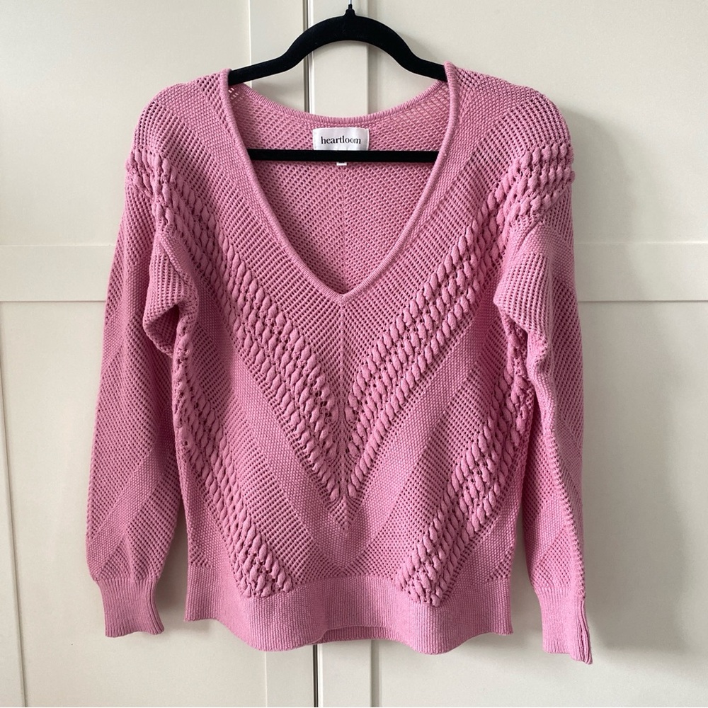 Heartloom Romantic Feminine Rose Pink Chevron V-Neck Cable Knit Pullover Size M